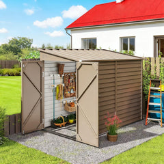 Outdoor Storage Shed Brown Metal Shed with Foundation Kit, Lockable Doors and Gloves for Patio, Law