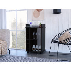 Bar Cart, Glass Door, Four Casters, Two Shelves, Black