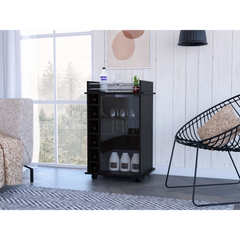 Bar Cart, Glass Door, Four Casters, Two Shelves, Black