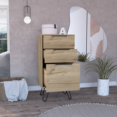 Light Dresser 35 inchH, 17 inchW, Superior Top,Three Drawers, Hairpin Legs, Light Oak