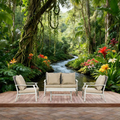 Beige Outdoor Wicker Conversation Sofa Sets 4 Pieces Set with Cushions for Backyard, Poolside, Garden