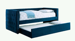 Transitional Style Daybed W Trundle Padded Button Tufted Upholstery Nailhead Trim Included Slat Kit Tuxedo Design Navy Finish