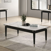 Contemporary Style 1pc Coffee Table Sintered Stone Top Silver Capped Arrow Legs Black And White Finish
