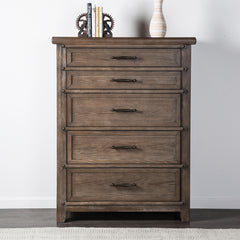 Transitional Style Brown Finish Chest 1pc 5-Drawers Panel Style Headboard Ball Bearing Glides Bedroom Furniture