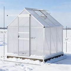 Silver 6.2' W x 6.2' D x 6.6' H Aluminum greenhouse Heavy Duty Green House with Adjustable Roof Vent Rain Gutter and Sliding Door for Winter