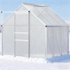 Silver 6.2' W x 6.2' D x 6.6' H Aluminum greenhouse Heavy Duty Green House with Adjustable Roof Vent Rain Gutter and Sliding Door for Winter