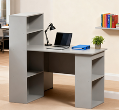 Compact Computer Desk , Writing Table Workstation with Bookshelf for Home Office, Gray