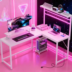 Computer Desk,L Shaped Gaming Desk with Power Outlets & LED Lights,with Monitor Stand and CPU Shelf