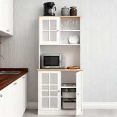 Large Countertop Kitchen Pantry Cabinet,Freestanding Storage Cabinet with Hutch,Glass Doors and Adjustable Shelves