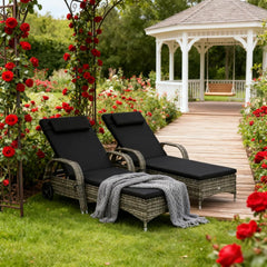 Rolling Outdoor Chairs,2 Reclining Chaise Lounge Chairs,with Cushion, Pillow, Headrest, Armrests, and Wheels