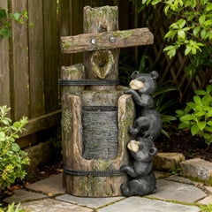 3-Tier Resin Bears on Log Outdoor Waterfall Fountain,Water Fountain with LED Lights, Pump
