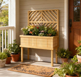 Self-Draining Raised Garden Bed,Elevated Wood Planter with Trellis for Climbing Plants,with Legs and Drainage Holes