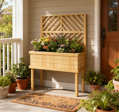 Self-Draining Raised Garden Bed,Elevated Wood Planter with Trellis for Climbing Plants,with Legs and Drainage Holes