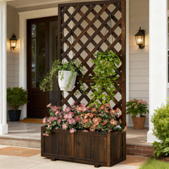 Garden Bed,Wooden Raised Garden Bed Planting Planter Box with Trellis and Drain Holes for Climbing Vine Plants