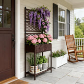 Freestanding Rattan Garden Box,Outdoor Wicker Planter with Trellis for Climbing Plants,with Storage Shelf