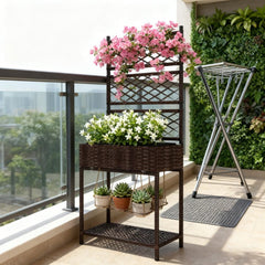 Freestanding Rattan Garden Box,Outdoor Wicker Planter with Trellis for Climbing Plants,with Storage Shelf