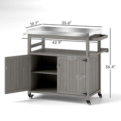 Storage Cabinets with Stainless Steel Top,Outdoor Grill Cart,Solid Wood Outdoor Kitchen Island with Wheels