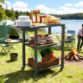 Stainless Steel Top Oven Stand with Foldable Side Table,Three-Shelf Outdoor Grill Cart Table with Hooks