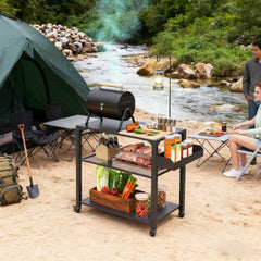 Movable Oven Table on Wheels,Easy to Move 3-Tier Outdoor Grill Cart with Storage Racks, Side Handle