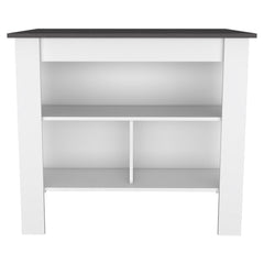 Kitchen Island, kitchen table 35" H, Four Legs, Three Open Storage Shelves, White / Onix