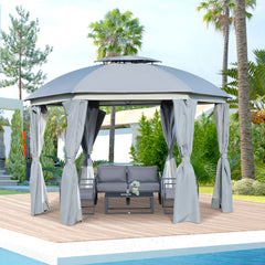 Outsunny 12' x 12' Round Outdoor Gazebo, Patio Dome Gazebo Canopy Shelter with Double Roof, Netting Sidewalls and Curtains, Zippered Doors, Strong Steel Frame, Grey