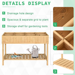 Outsunny 43x18x30in Raised Garden Bed with 8 Pockets and Shelf, Wooden Elevated Planter Box with Legs to Grow Herbs, Vegetables, and Flowers, Natural