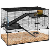 PawHut Hamster Cage, 31" Gerbil Cage with Glass Basin, Ramps, Platforms, Hut, Exercise Wheel, for Small Hamsters, Black