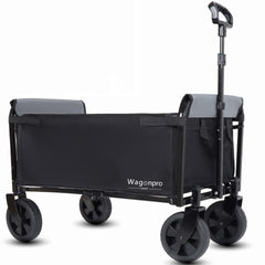 All-in-One Convertible Folding 4-Wheel Trolley with Bench Seat and Dog Leash - Heavy Duty Foldable Utility Trolley for Camping, Beach, Shopping - Versatile Seating and Storage Space, Black/Gray