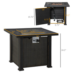 Outdoor Propane Gas Fire Pit Table, Auto-Ignition Square Wicker-effect Gas Firepit with Ceramic Tabletop