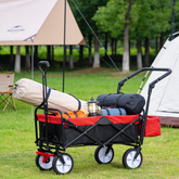 folding wagon Collapsible Outdoor Utility Wagon, Heavy Duty Folding Garden Portable Hand Cart, Drink Holder, Adjustable Handles(Black+Red colour)