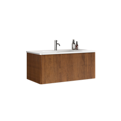 Etna 36" Striped Walnut Bathroom Vanity with White Ceramic Sink, Wall Mounted Floating Bathroom Vanity for Modern Bathroom, KD