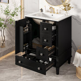 24-inch black bathroom vanity with an integrated ceramic basin, featuring a door-mounted double-layer shelf, soft-close drawers, and a soft-close cabinet door.