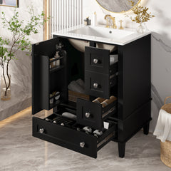24-inch black bathroom vanity with an integrated ceramic basin, featuring a door-mounted double-layer shelf, soft-close drawers, and a soft-close cabinet door.