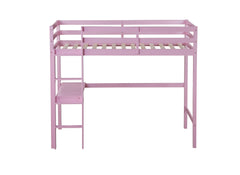 Twin High Loft Bed, Rubber Wood Loft Bed with Safety Guardrail, built-in desk, ladder,Pink