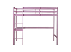 Twin High Loft Bed, Rubber Wood Loft Bed with Safety Guardrail, built-in desk, ladder,Pink