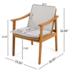 Outdoor Dining Chairs Set of 2, Teak Color Acacia Wood Frame, Brown PE Wicker, Grey Waterproof Cushion, Ideal for Patios, Gardens