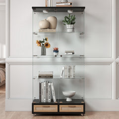 Modern Glass Display Cabinet with Large Drawers,Quick-assembly Antique Cabinet with LED lights,Tempered Glass Bookshelf,2-Door Storage Case with 4 Shelves for Living Room and Bedroom,black and natural