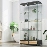Modern Glass Display Cabinet with Large Drawers,Quick-assembly Antique Cabinet with LED lights,Tempered Glass Bookshelf,2-Door Storage Case with 4 Shelves for Living Room and Bedroom,black and natural