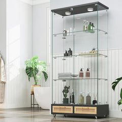Modern Glass Display Cabinet with Large Drawers,Quick-assembly Antique Cabinet with LED lights,Tempered Glass Bookshelf,2-Door Storage Case with 4 Shelves for Living Room and Bedroom,black and natural