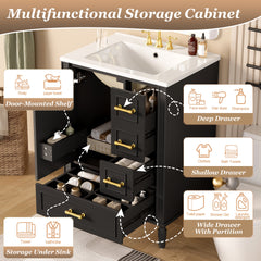 24" Modern Bathroom Vanity with Ceramic Sink, Soft-Close Door, 3 Drawers, Gold Handles, and Door-Mounted Rack for Space-Saving Storage