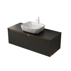 RUBEN 48" Bathroom Vanity&Sink, Wall-Mounted Floating Plywood Storage Cabinet, Twill Double Doors with Metal Trim, Marble Pattern Rectangle Ceramic Vessel Basin&Black Sintered Stone Top, Black