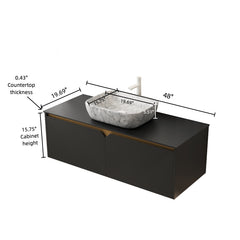 RUBEN 48" Bathroom Vanity&Sink, Wall-Mounted Floating Plywood Storage Cabinet, Twill Double Doors with Metal Trim, Marble Pattern Rectangle Ceramic Vessel Basin&Black Sintered Stone Top, Black