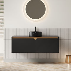 RUBEN 48" Bathroom Vanity&Sink, Wall-Mounted Floating Plywood Storage Cabinet, Twill Double Doors with Metal Trim, Black Round Ceramic Vessel Basin with Stone Pattern&Black Sintered Stone Top, Black