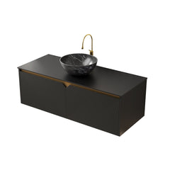 RUBEN 48" Bathroom Vanity&Sink, Wall-Mounted Floating Plywood Storage Cabinet, Twill Double Doors with Metal Trim, Black Bowl Ceramic Vessel Basin with Stone Pattern&Black Sintered Stone Top, Black