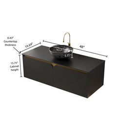 RUBEN 48" Bathroom Vanity&Sink, Wall-Mounted Floating Plywood Storage Cabinet, Twill Double Doors with Metal Trim, Black Bowl Ceramic Vessel Basin with Stone Pattern&Black Sintered Stone Top, Black
