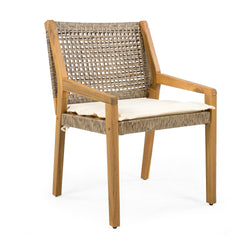 OUTDOOR DINING CHAIR SET-Acacia Wood and Wicker with Cream Cushion Patio Furniture-Teak finish & wicke Brown ,Suitable for large gatherings-set of 4(N770P272397G(2-box))