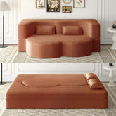 Modern Floor Sofa with 2 Pillows,Convertible Plush Corduroy Foam-Filled Sleeper Sofa Bed,15" Full Size Folding Mattress for Living Room,Guest Bed,no assembly required,Orange