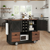 K&K 54" Farmhouse Kitchen Island with Drop Leaf, Power Outlet, Kitchen Storage Cart with 2 Doors, 2 Drawers, Rolling Kitchen Island on 4 Large Wheels with Spice Rack for Kitchen, Dining Room, Black