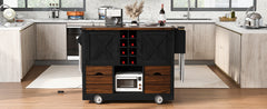 K&K 54" Farmhouse Kitchen Island with Drop Leaf, Power Outlet, Kitchen Storage Cart with 2 Doors, 2 Drawers, Rolling Kitchen Island on 4 Large Wheels with Spice Rack for Kitchen, Dining Room, Black