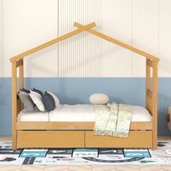 Twin Size Wooden House Bed with Drawers, Natural